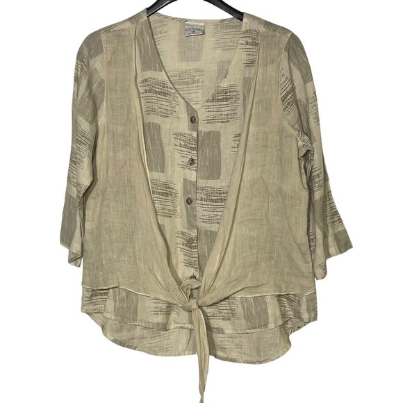 Click Color Me Cotton Linen Abstract Button Down Top Tie Front Sz MED Lagenlook - Picture 1 of 7